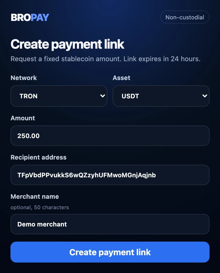 Розширення BroPay для Chrome: форма запиту на оплату USDT у мережі TRON із демонстраційними даними.