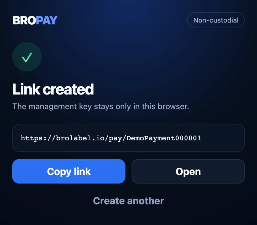 Екран створеного посилання BroPay із кнопками копіювання та відкриття демонстраційного платіжного посилання.